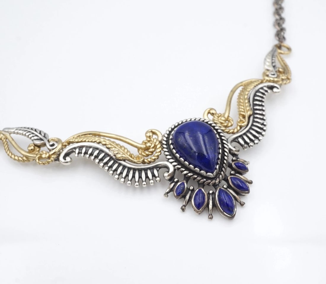 Sterling Silver Br Lapis Statement Necklace Carolyn Pollack American West NS2445: This beautiful Lapis necklace from American West features an ornate scrolled design set in brass and solid sterling silver. Complete with an extender, this gorgeous piece would make a great gift for a