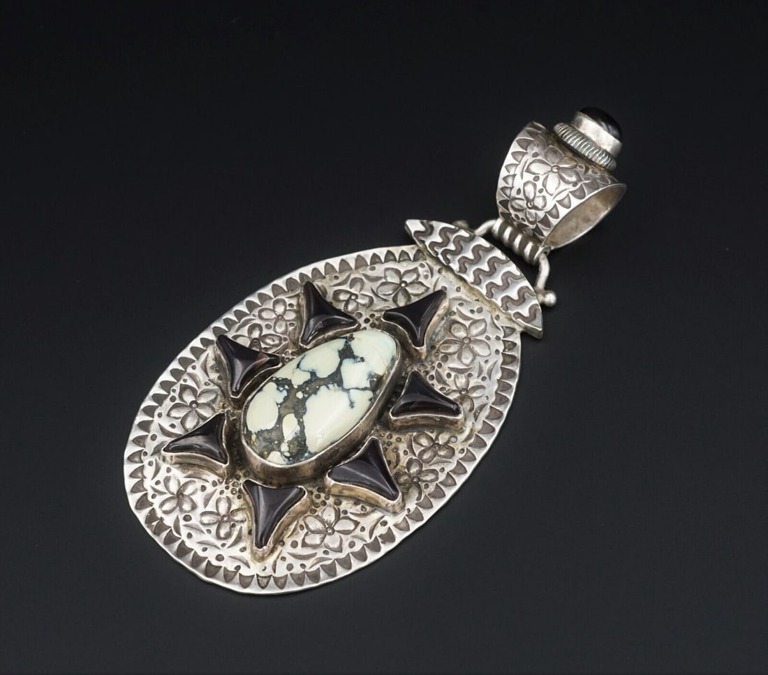 David Troutman Sterling Silver Varquoise Turquoise Onyx Pendant 3.75" PS1965: This chunky artisan pendant features a beautiful carved turquoise slab, with an onyx surround, and a detailed frame and large articulated tapered bale topped with an additional onyx cabochon. The pend