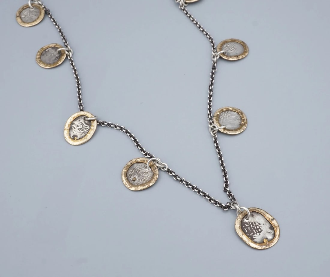 Santa Fe Jewels Antique Coin Station Necklace Sterling Silver 31" NS2338: This gorgeous necklace from Santa Fe Jewels features a cable chain with bronze bezel set Moroccan coins from the 17 and 1800s. Perfect to wear on its own or add to your favorite stack. A beautiful sta