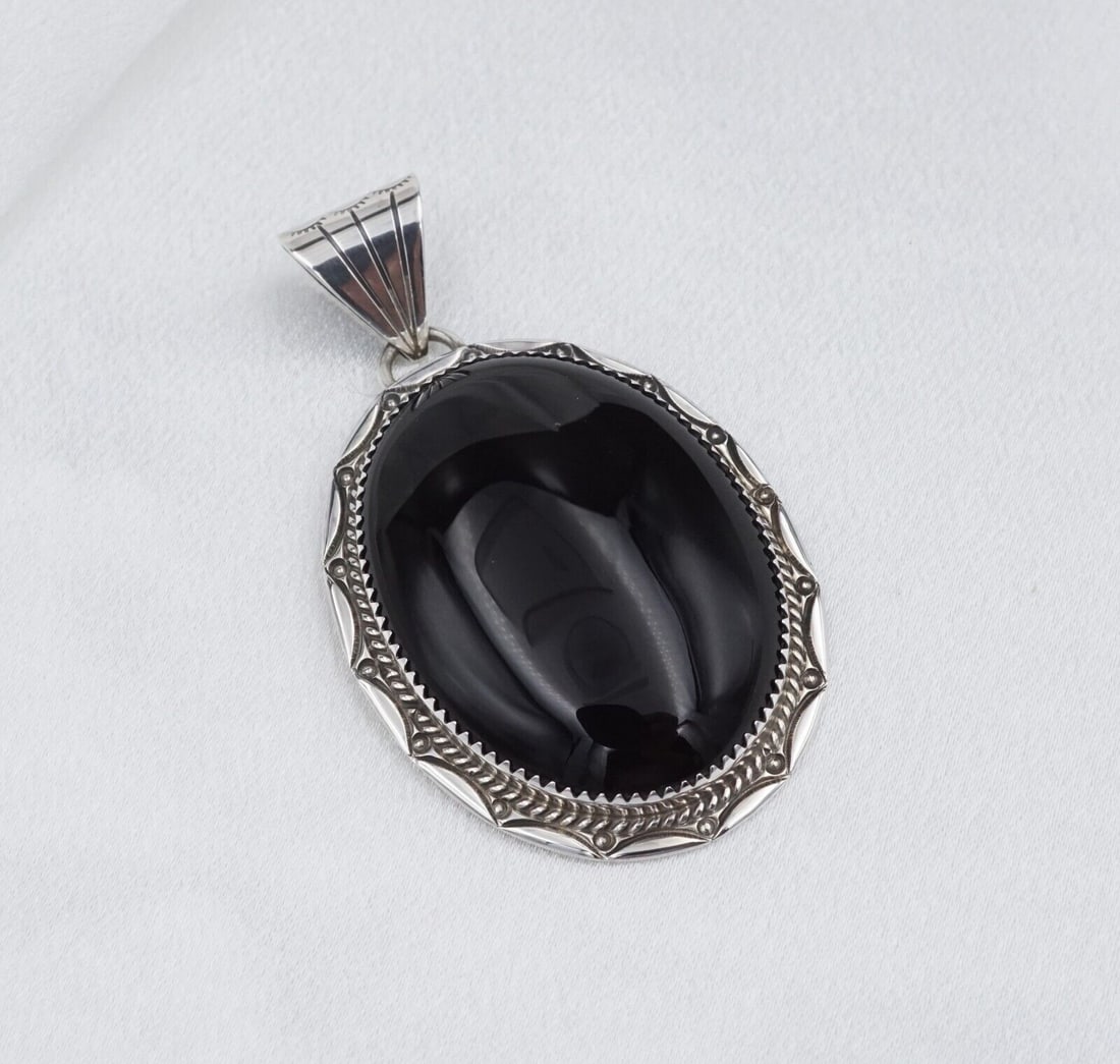 Navajo Yazzie Sterling Silver Pendant Black Onyx Cabochon 2.25" Vintage PS2121
