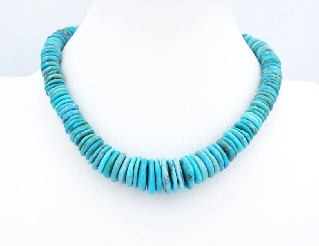Relios Heishi Turquoise Bead Necklace 16-18" Sterling Silver 18mm Pollack NS2415: This lovely Heishi necklace features wide slabs of bright blue turquoise beads, accented with sterling silver finials and a hook clasp for a timeless design. A great gift to celebrate yourself or some
