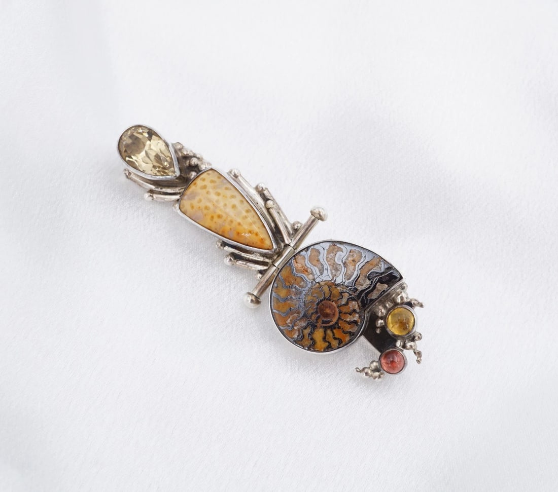 Kim Cevora Ammonite Pendant Brooch Multi-Gemstone Sterling Silver 2.7" PS2372 (1 of 4)