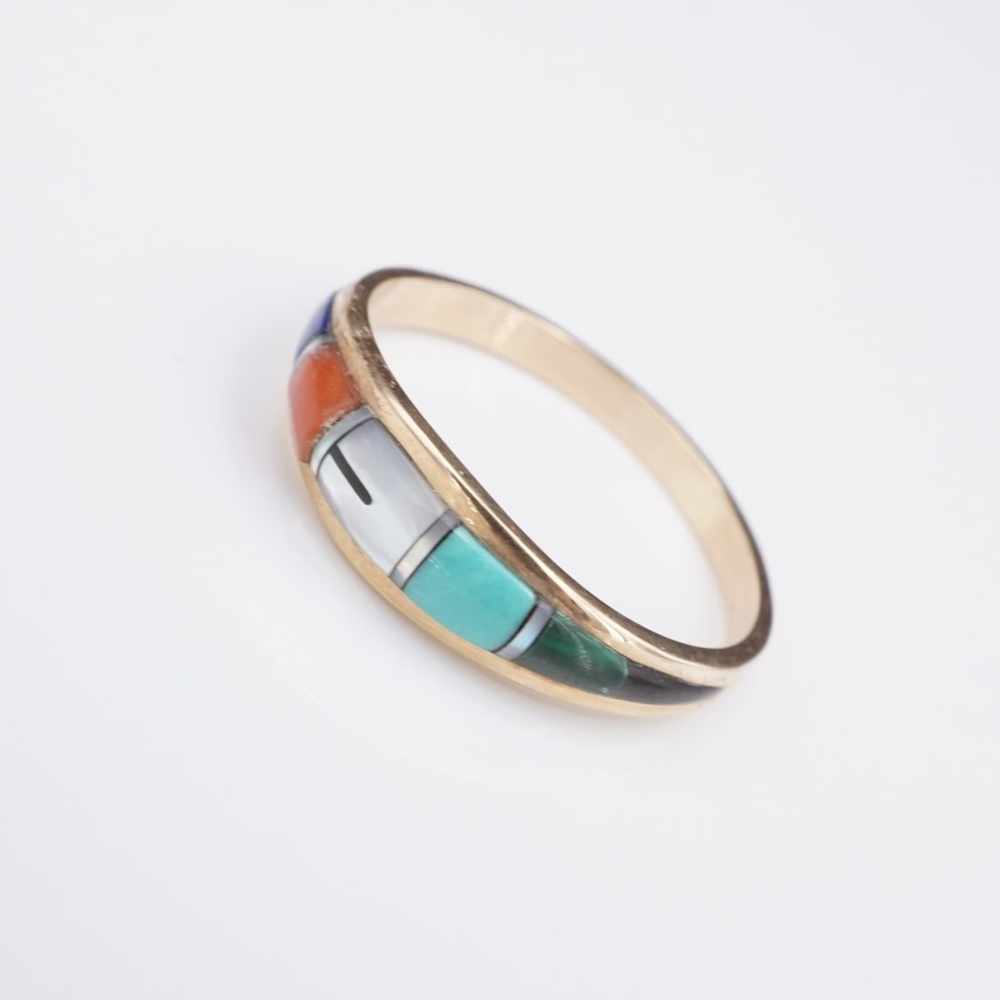 Zuni 14k Inlay Band Ring Yellow Gold Size 8.75 Turquoise Coral RG4487: This beautiful Zuni ring features inlaid turquoise, red coral, mother of pearl, lapis, and malachite set flush in a solid 14k yellow gold band. This ring is the perfect gift for yourself or someone yo