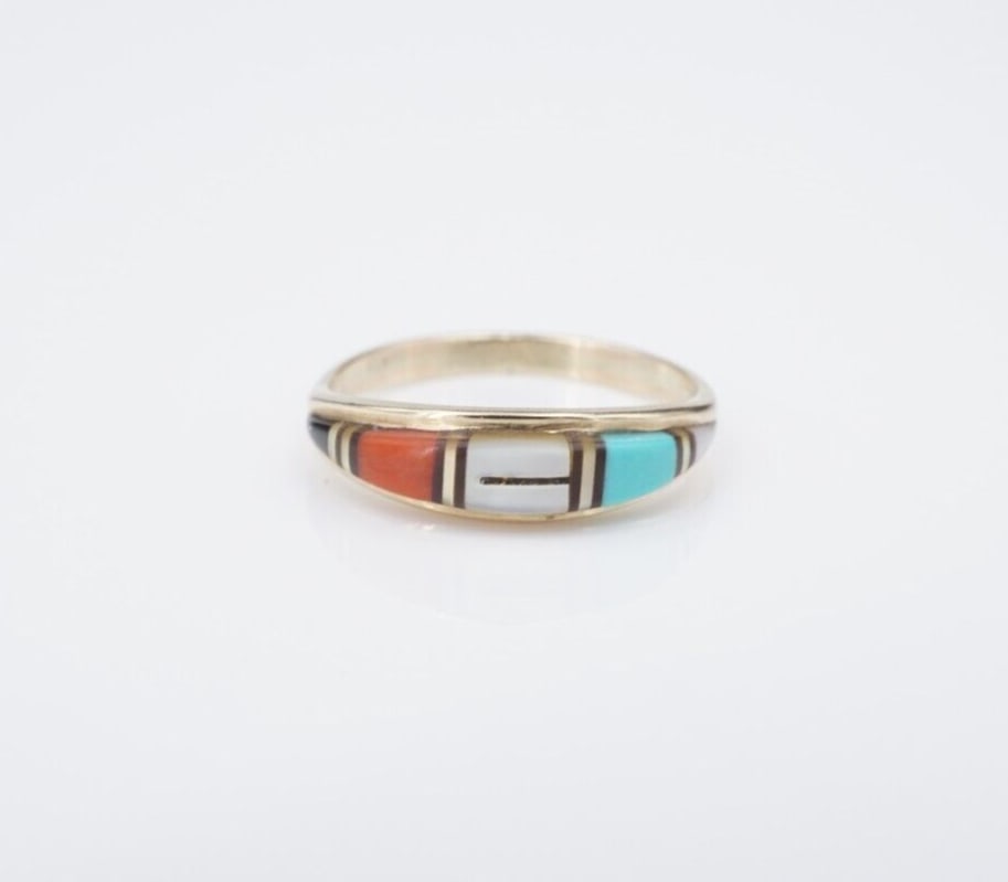 Zuni 14k Inlay Ring Yellow Gold Size 5.5 MOP Coral Turquoise Signed H&M RG4484 (1 of 4)