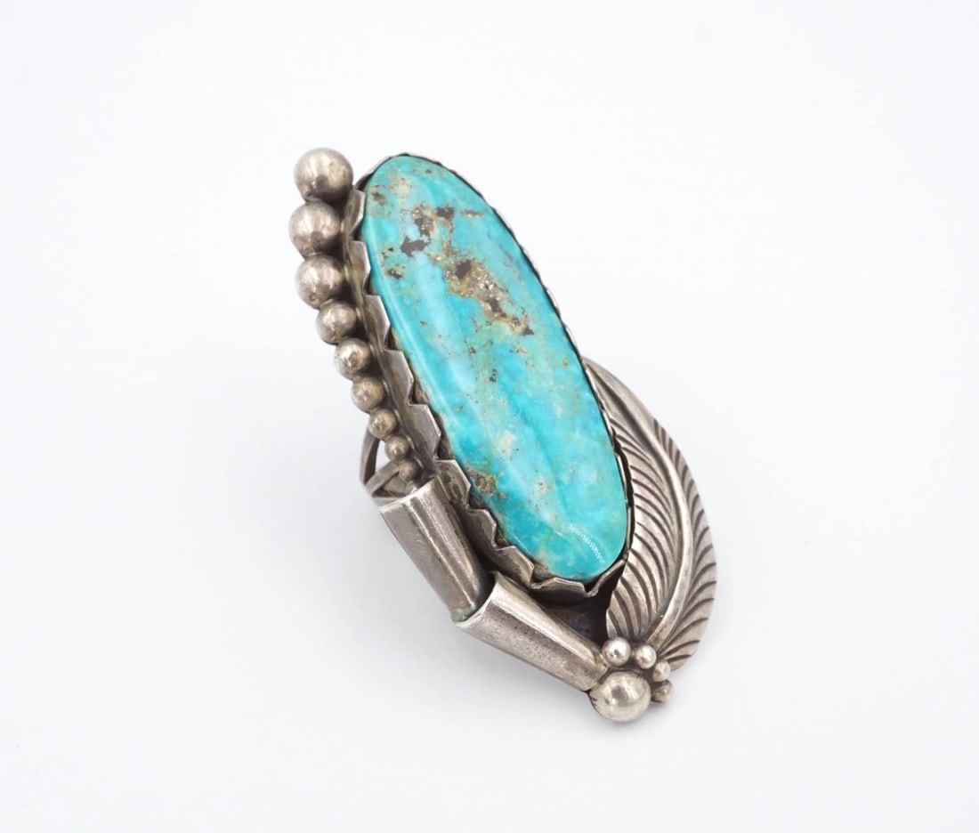 Herman Hoskie Long Turquoise Ring Sterling Silver Size 7.75 Navajo 2.5" RS3971 (1 of 4)