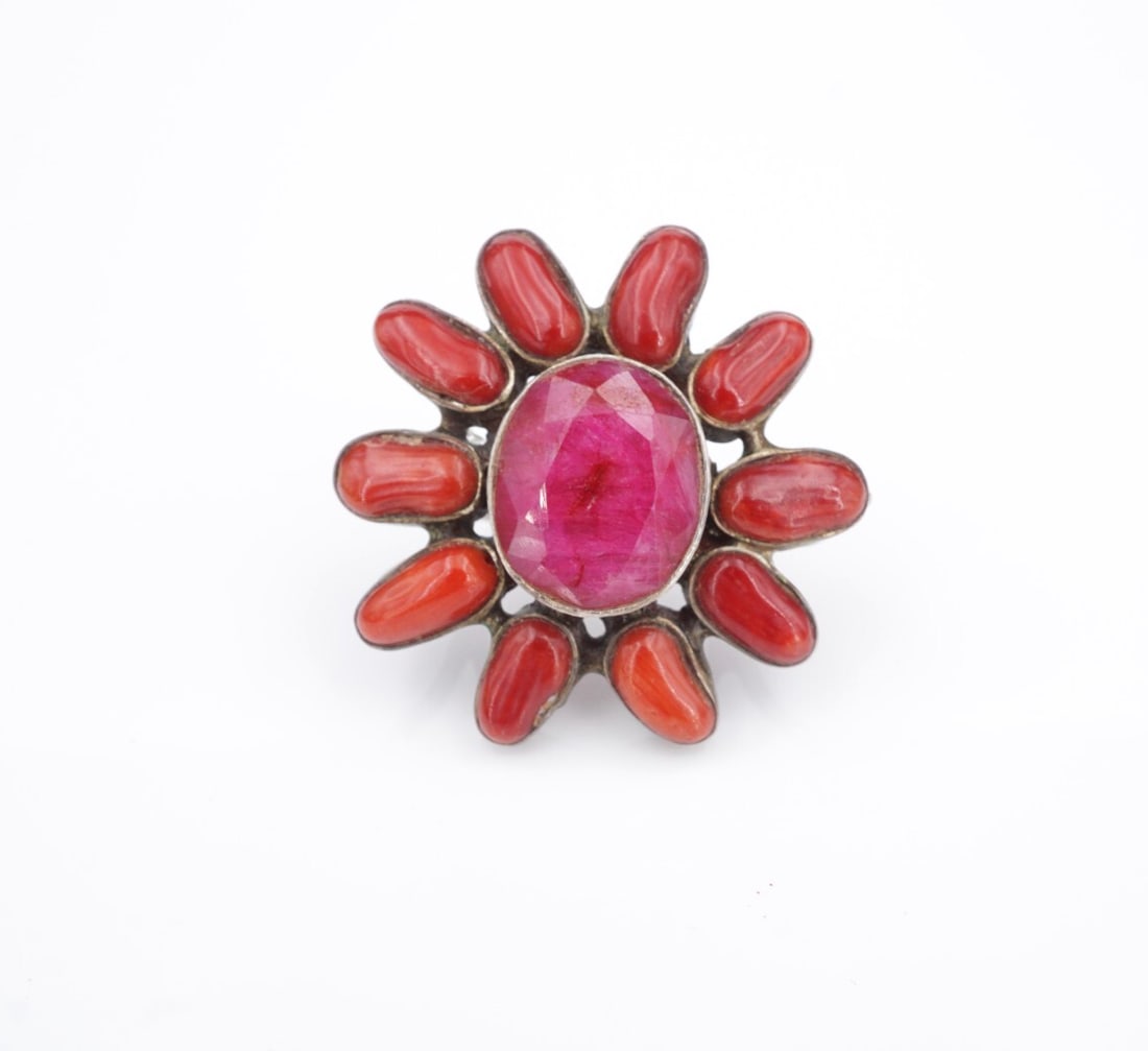 Southwestern Red Coral Ruby Sunburst Ring Sterling Silver Size 8 Natural RS3713 (1 of 3)