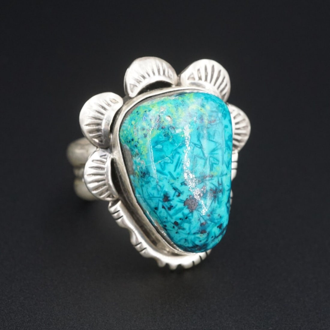 Southwest Sterling Silver Ring Signed BY Chrysocolla Size 12 Massive RS3401: This beautiful artisan ring features a huge polished chunk of bright blue chrysocolla in chalcedony set high in solid sterling silver. Elaborate hand stamped accents add depth and texture to this gorg