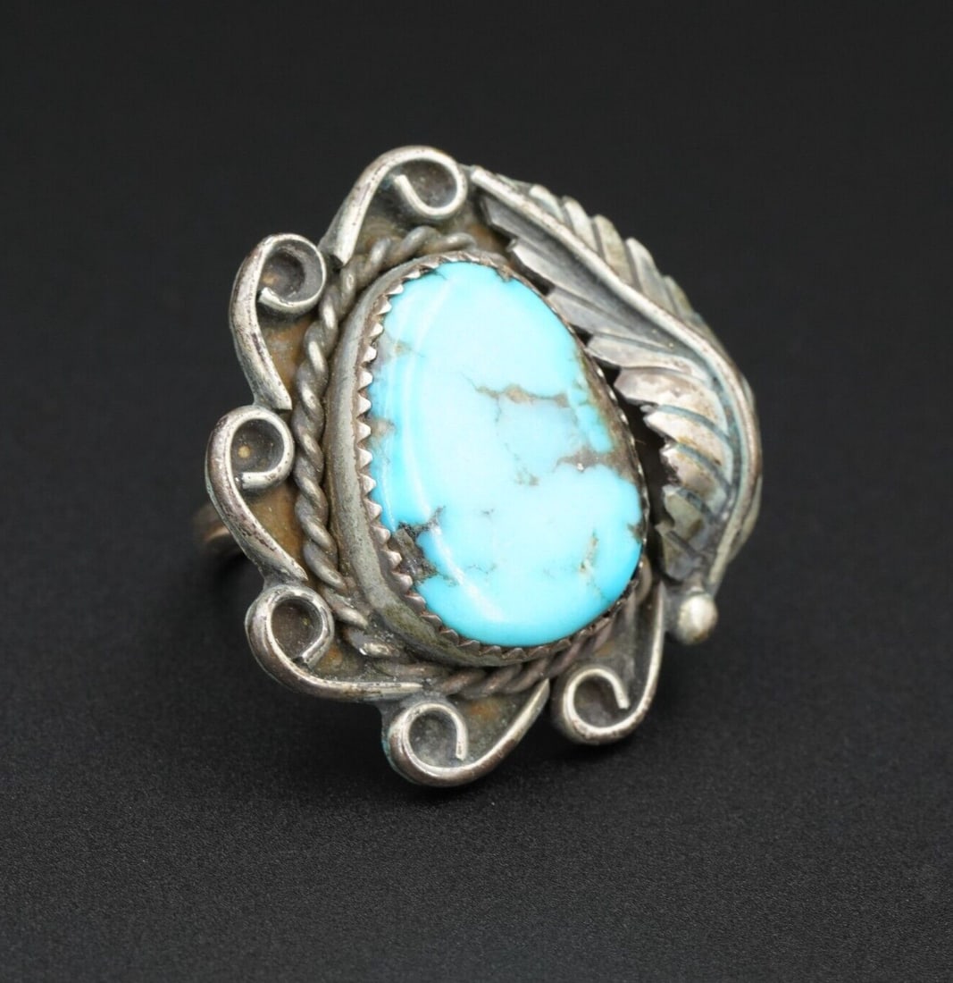 Vintage Navajo Turquoise Ring Sterling Silver Size 7.5 Signed JW RS3318 (1 of 4)