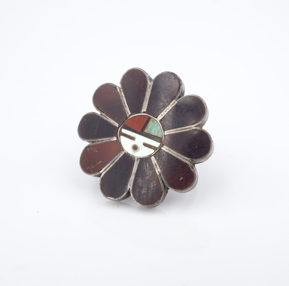 Zuni Inlay Sun Face Sterling Silver Multistone Ring Size 5 Artisan RS3737: This beautiful ring is crafted with onyx, mother of pearl, coral, and turquoise set in a sun face design, and crafted entirely of sterling silver. A great addition for any collector of Native American