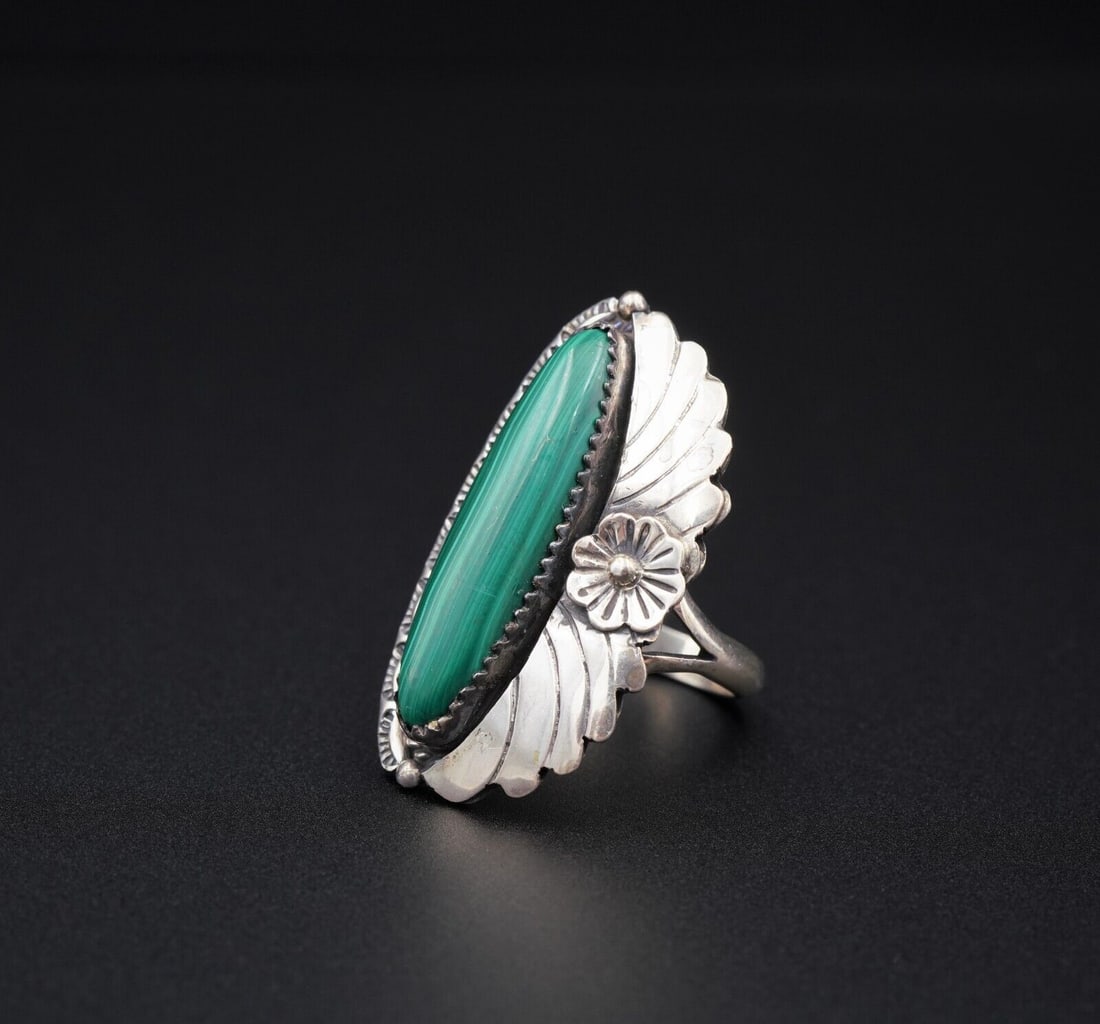 John Delvin Navajo Sterling Silver Long Slab Malachite Ring Size 8.5 1.4" RS3187 (1 of 3)
