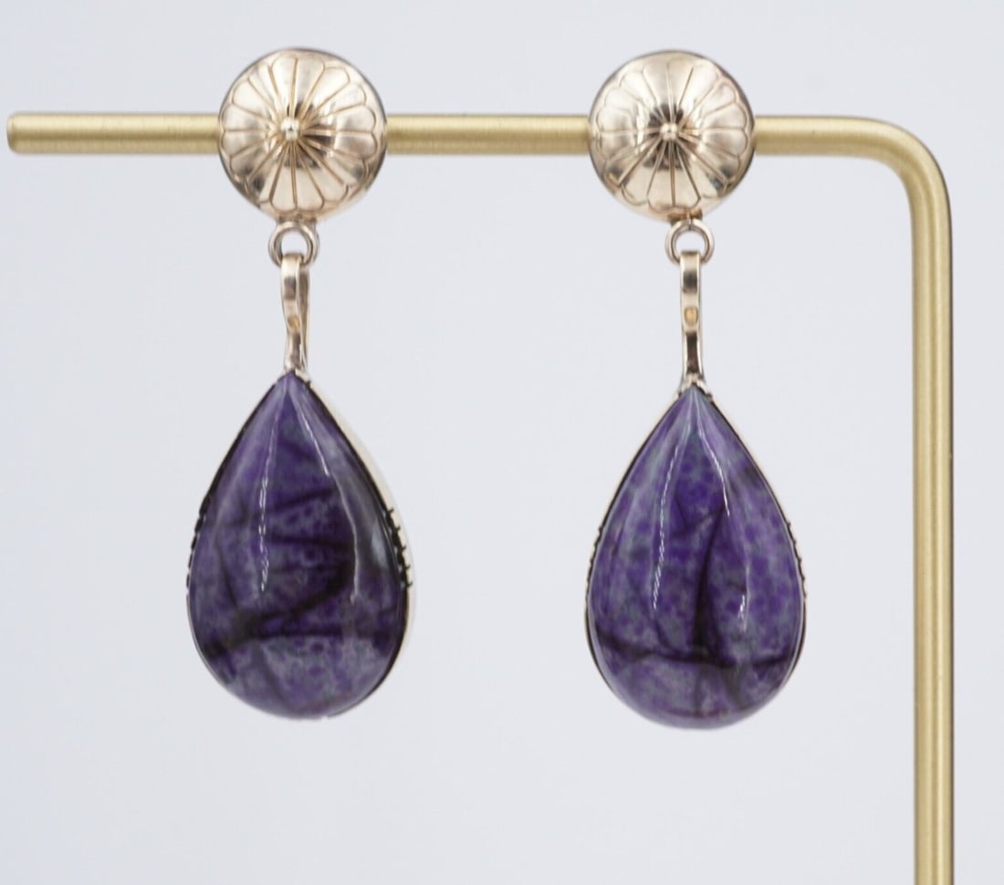 Navajo 14k Gold Sterling Silver Earrings Leo Yazzie Charoite Cabochon 2" EG2468: These very rare earrings by Navajo artisan Leo Lando Yazzie feature teardrop charoite cabochons bezel set in ornate hand-worked solid 14k yellow gold frames. The earrings are backed in sterling silver