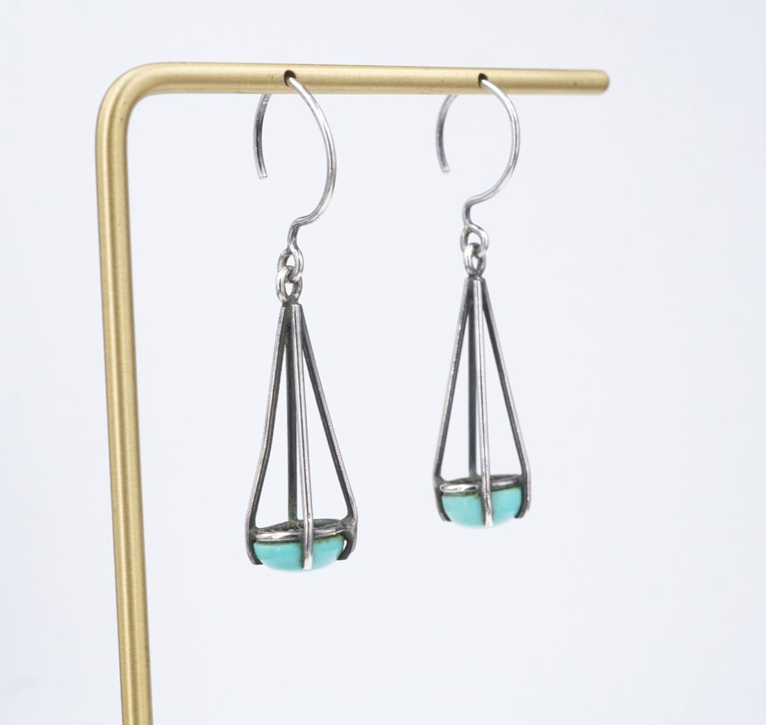 Modernist Turquoise Cabochon Drop Dangle Earrings Sterling Silver 1.8" ES2721 (1 of 3)