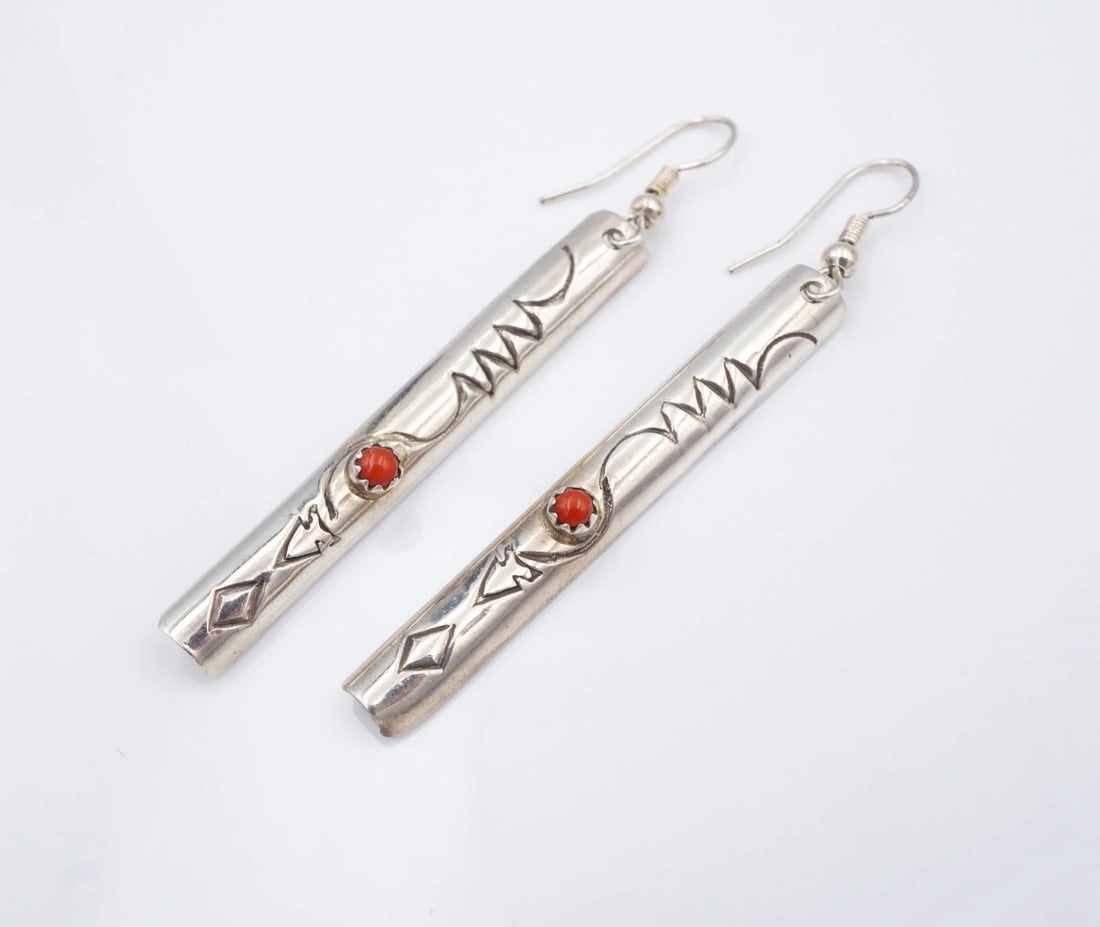 Southwestern Coral Bar Dangle Drop Earrings Sterling Silver 2.6" Artisan ES2815