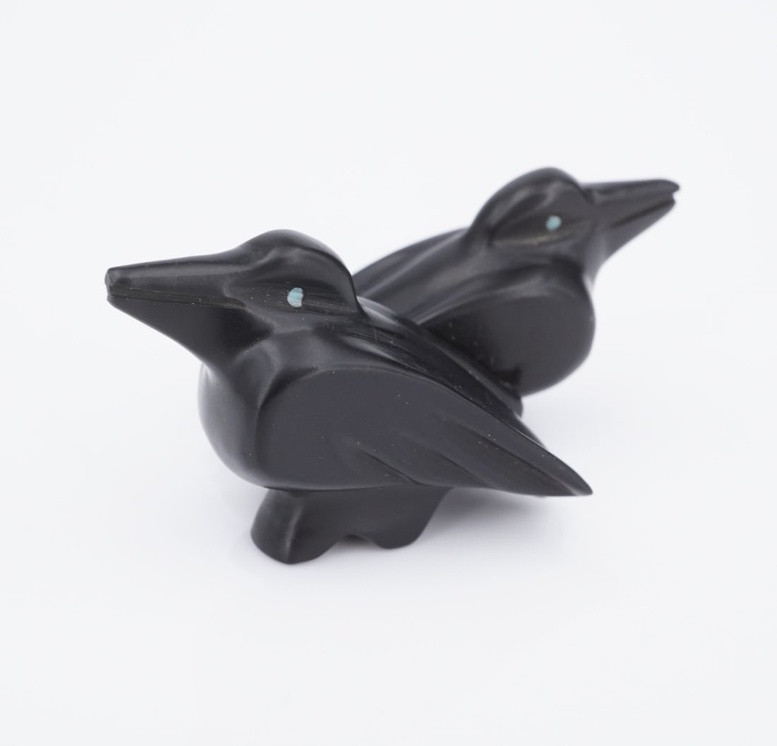 Zuni Carved Fetish Double Crow Raven Black Stone Turquoise 2.2" M1892: This unique vintage fetish features beautiful black stone carved in the shape of two opposite-facing ravens with turquoise eyes. Ravens are meant to symbolize the keepers of sacred law. This is a grea