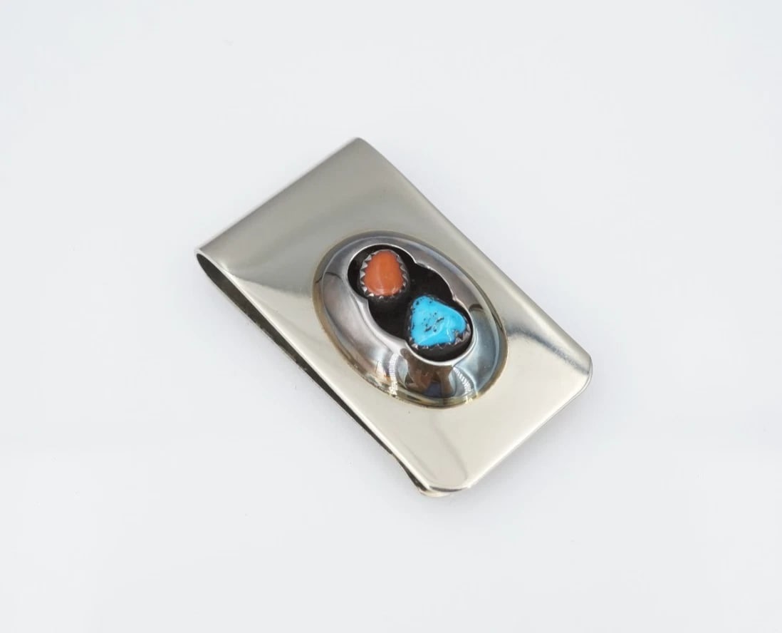 Navajo Turquoise Red Coral Shadowbox Money Clip Sterling Silver 1.7" M2061: This Southwestern Navajo money clip is the ultimate gift for the man with everything! It features detailed shadowbox set with red coral and turquoise accents and ornate hand-stamped designs. Construct