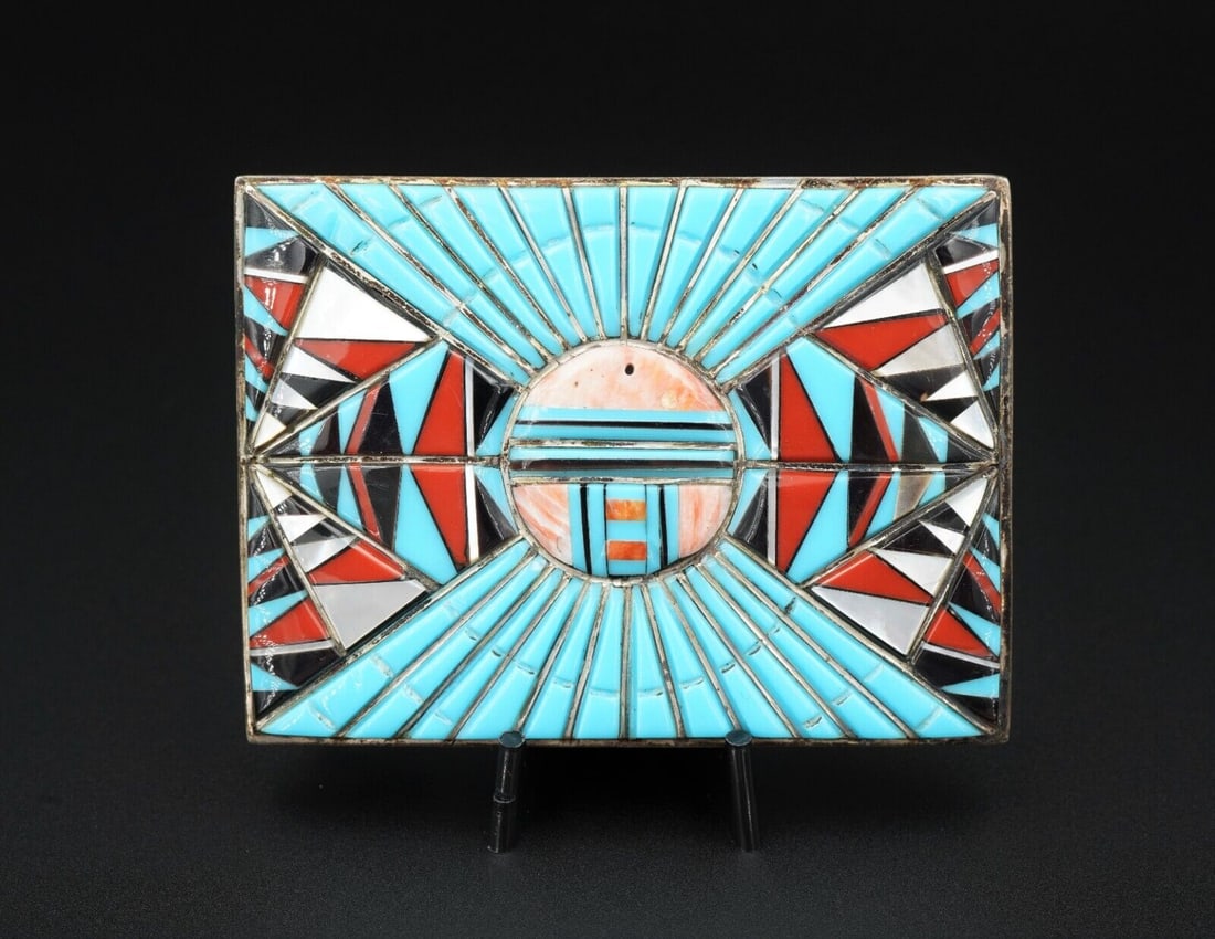 Vintage Zuni Belt Buckle Turquoise Cobble Inlay Sterling Silver Coral M1788 (1 of 4)
