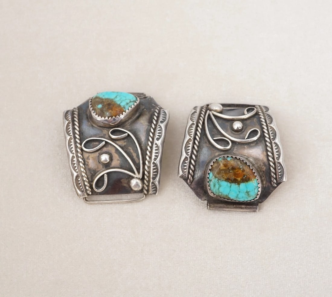 Navajo Turquoise Watch Tips Sterling Silver Ornate Signed 1.5" Natural M1924 (1 of 5)