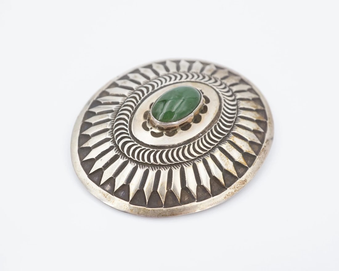 Henry Morgan Jade Concho Bolo Natural Sterling Silver 2.4" Navajo M2090