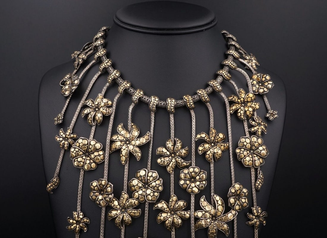 Runway John Hardy Ayu Dot Flower Necklace Sterling Silver 18k OOAK Box NS2032: This designer John Hardy necklace from the Dot Collection is crafted of solid sterling silver, and features 18k yellow gold dots across more than fifty multiple flower and leaf pendants. Retired desig