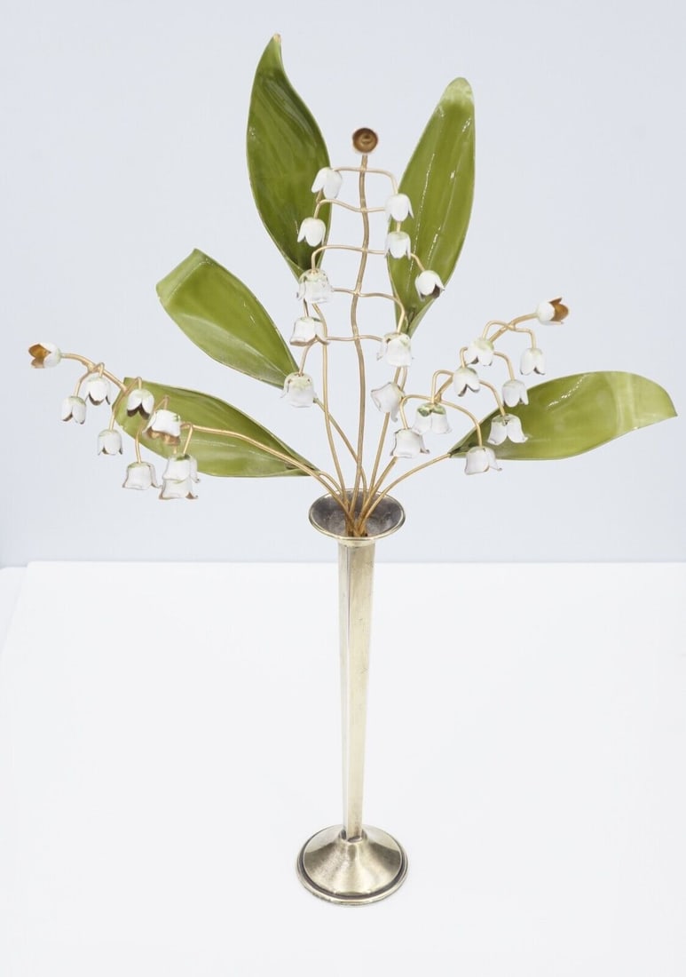 Cartier Sterling Silver Vase de Fleur Vase of Flowers 10" Lily of Valley M1840: This vase of flowers from design house Cartier features an elegant slender vase filled with articulated and enameled lily of the valley flowers. A rare mid-century design and a must have. This is only