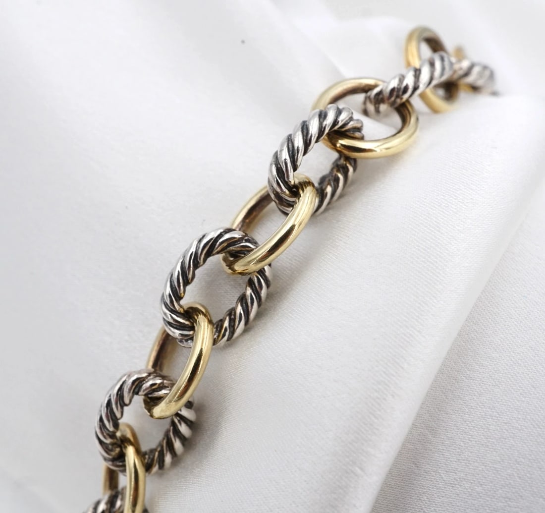 David Yurman Oval Link Chain Bracelet 18k Gold Sterling Silver 11mm 7.5" BS3351
