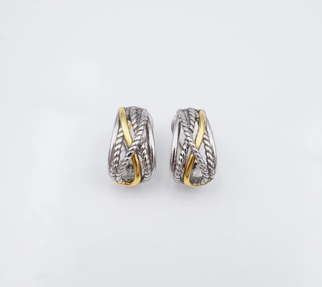 David Yurman Crossover Earrings Sterling Silver 14k Gold 0.9" Shrimp Box ES2807 (1 of 4)