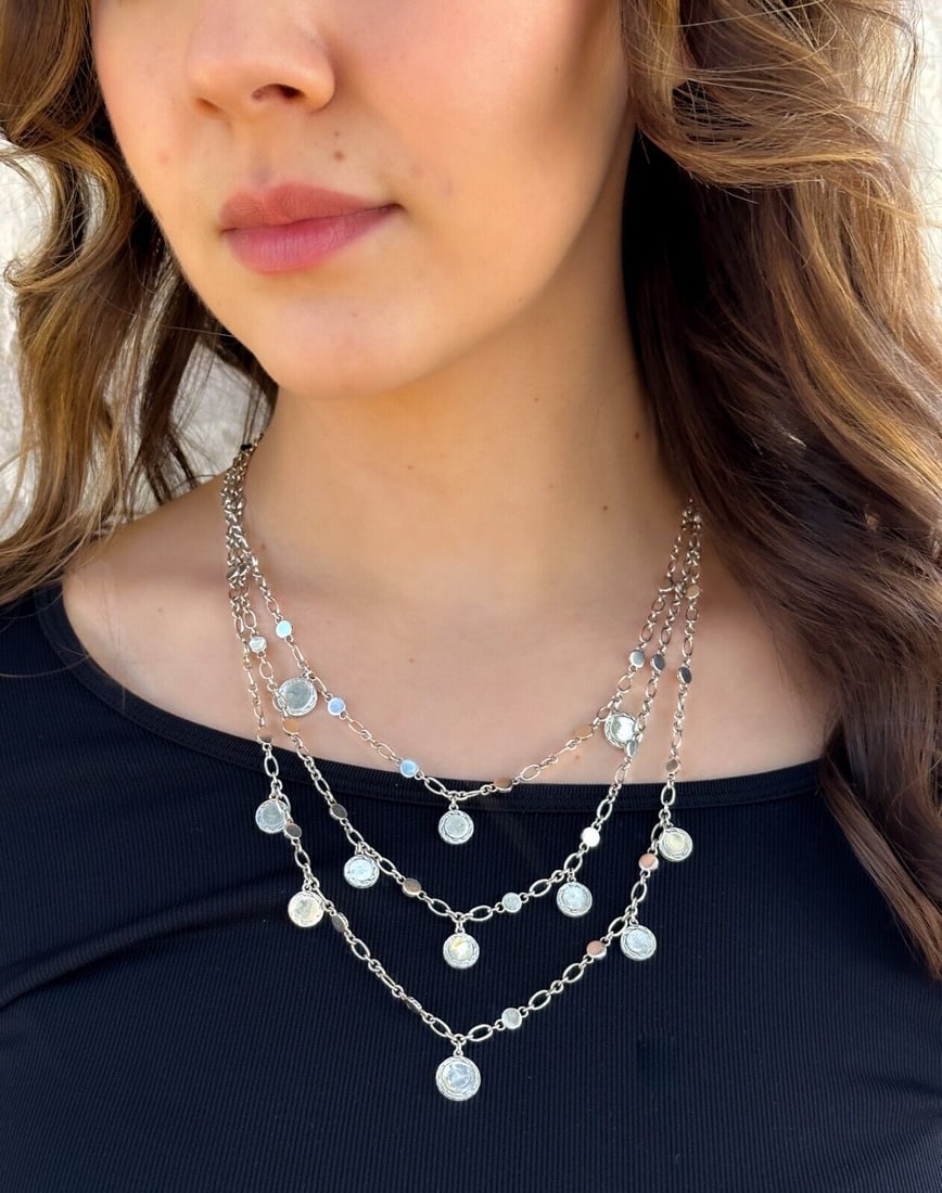 John Hardy Dot Collection Bib Necklace Sterling Silver Triple Row 18" NS1815: This designer necklace from John Hardy's Dot collection has a triple row construction featuring oval and dot link chains with dot dangles on each row, creating a fun display of movement when worn. The
