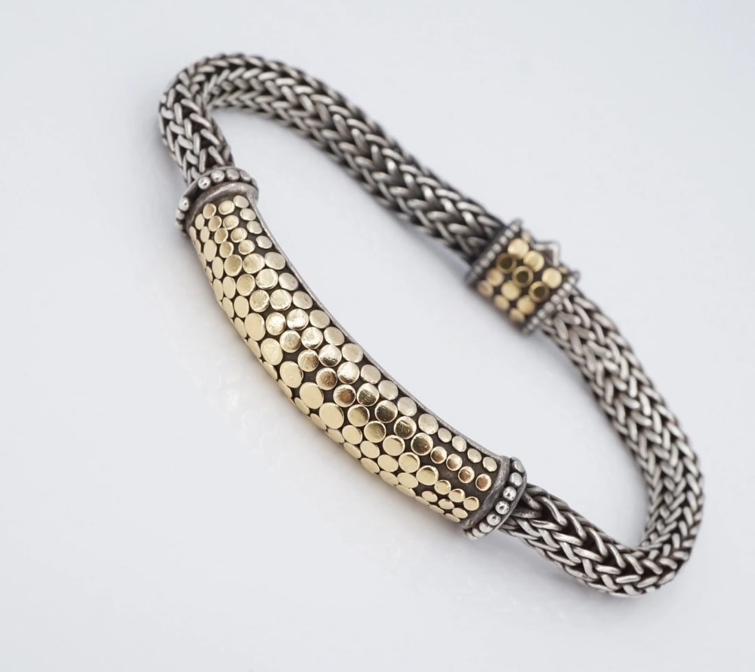John Hardy Icon Dot Chain Bracelet 18k Gold Sterling Silver 7.25" BS3233: This classic bracelet from John Hardy features a thick chain with Icon Dot gold dot panel, finished with an Icon dot 18k gold style clasp. Crafted in solid sterling silver. Metal Type: Sterling Silver