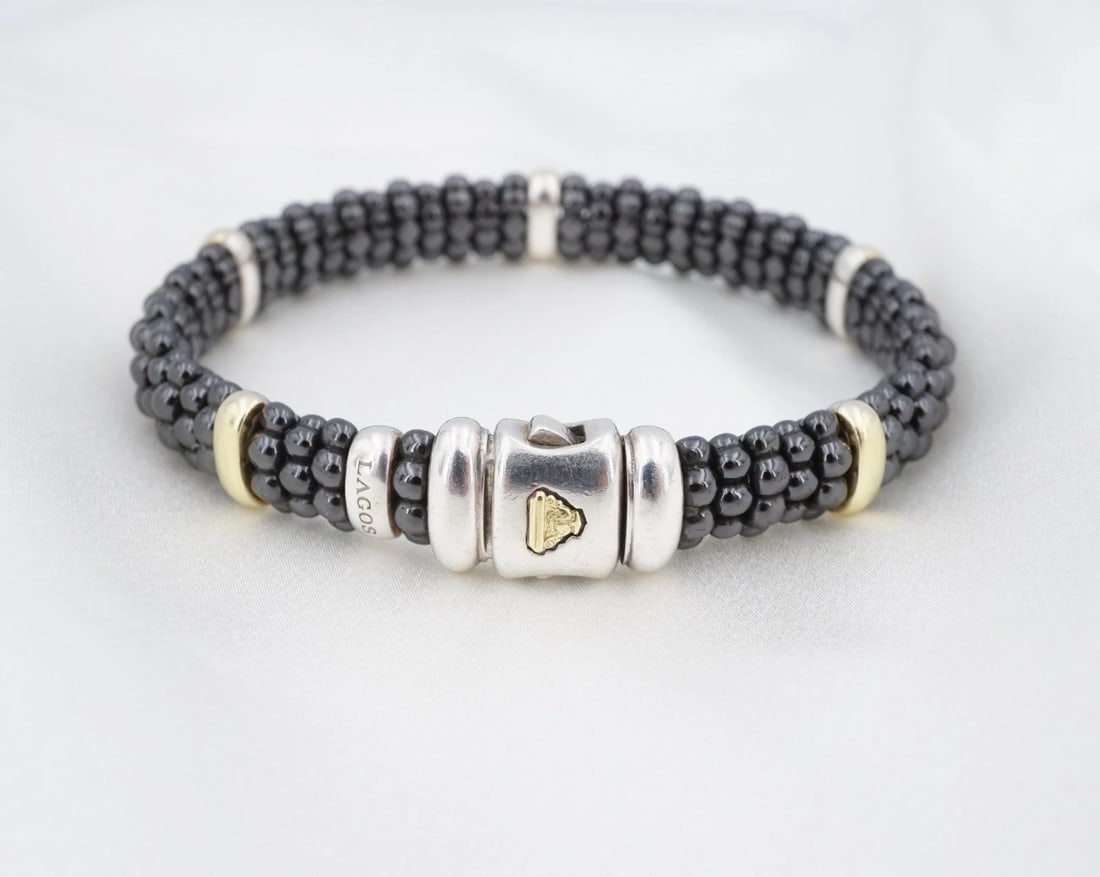 Lagos Caviar Black Ceramic Bead Bracelet Sterling Silver 18k 6.75" BG1199 (1 of 6)