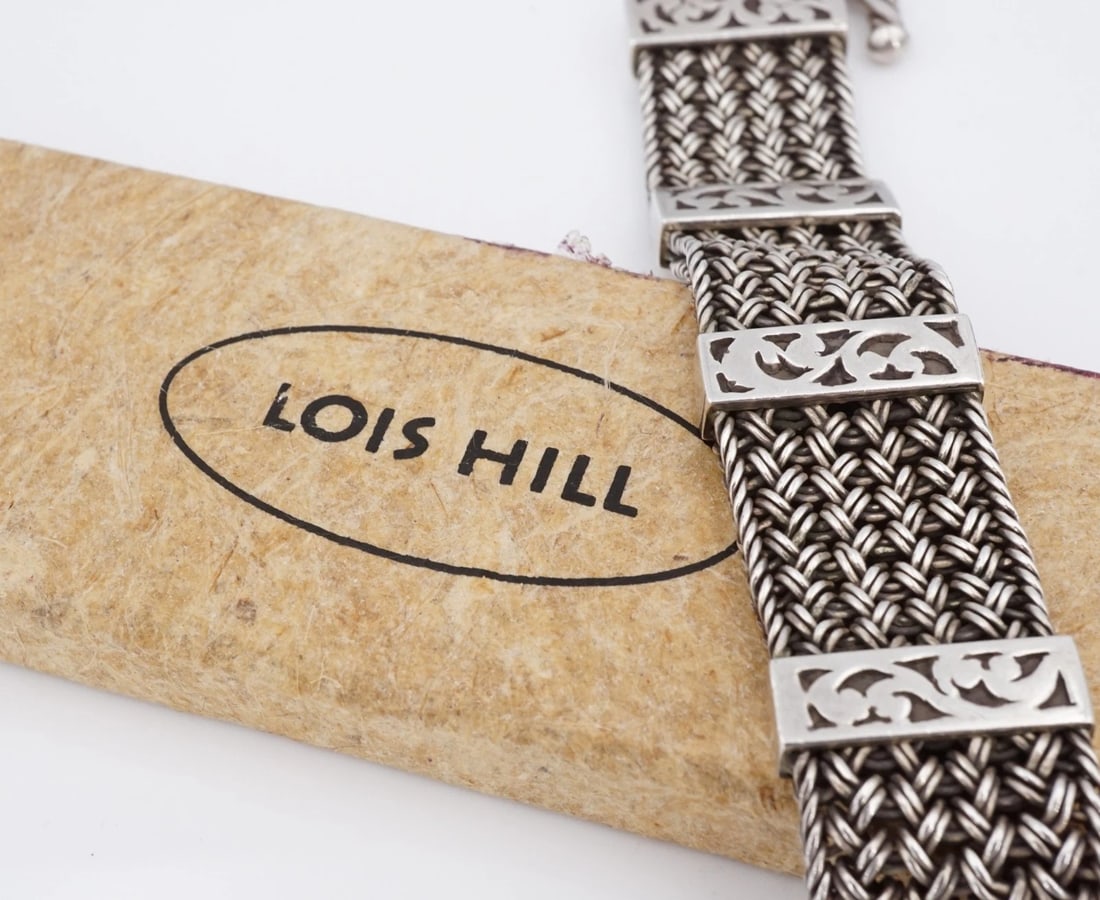 Lois Hill Sterling Silver Wide Woven Bracelet Toggle Box 22 mm 7.5" BS3231: This chunky Lois Hill bracelet features a wide woven construction with evenly spaced bar sections and a toggle clasp for an easy and secure closure. Metal Type: Sterling Silver Notable Marks: Lois Hil