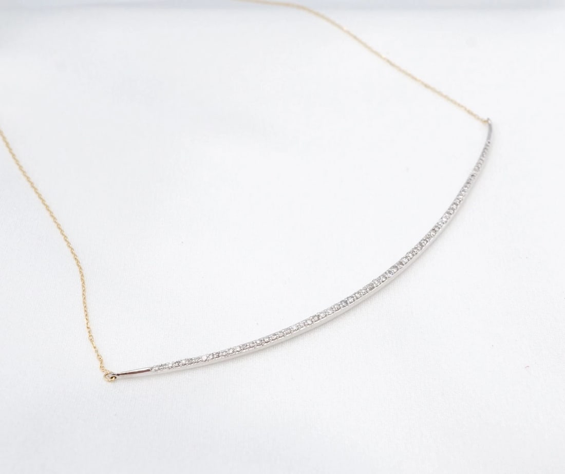 Adina Reyter 14k Diamond Pave Curve Collar Necklace Gold 925 14.25" 0.6mm NG1994: This "Pave Curve Collar" necklace from designer Adina Reyter features a curved sterling silver bar pendant embellished with a row of natural pave diamonds. Metal Type: 14k Yellow Gold & Sterling Silve