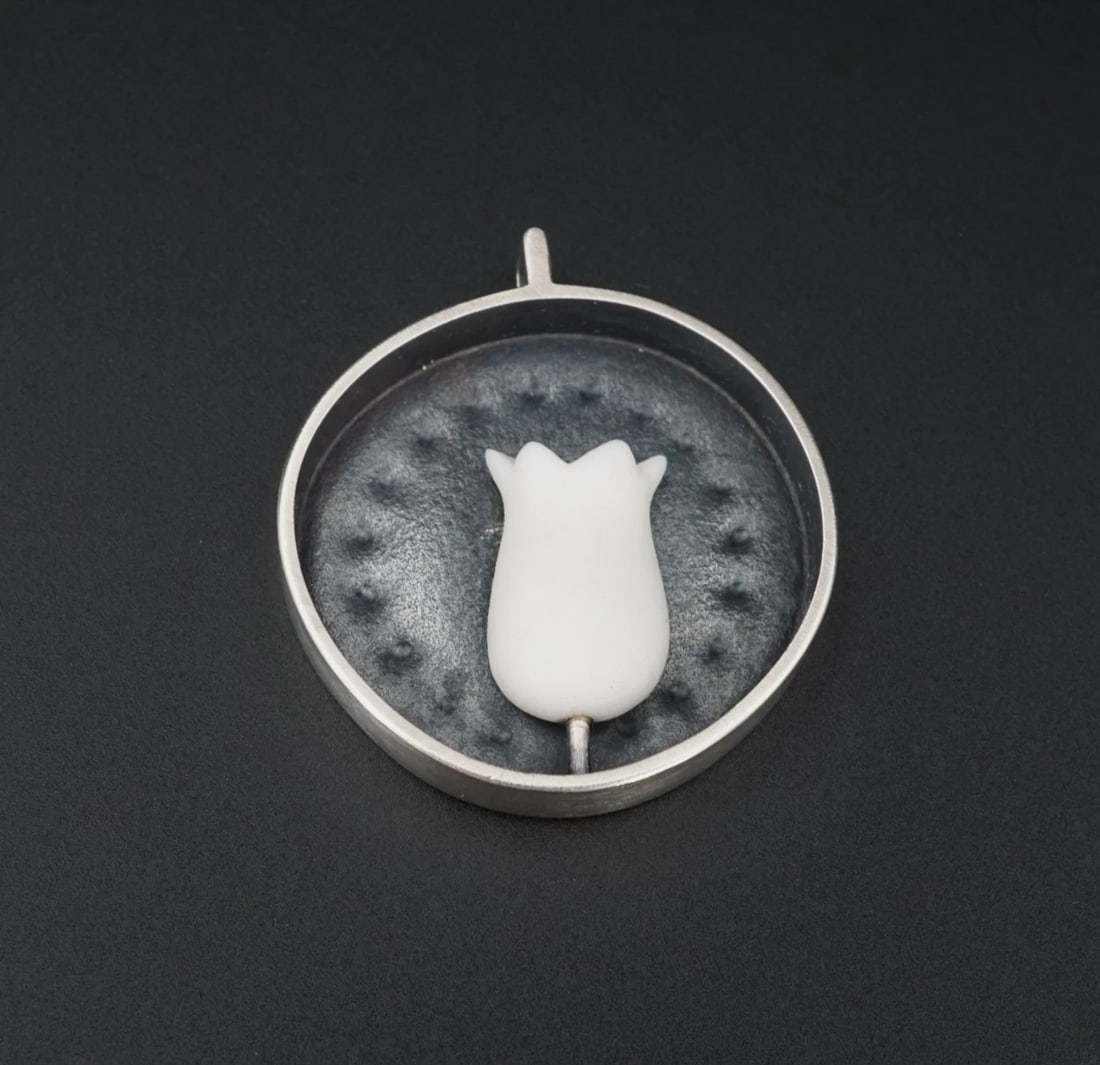 Janice Ho Carved Porcelain Tulip Pendant Sterling Silver 1.4" Floral PS2247 (1 of 5)