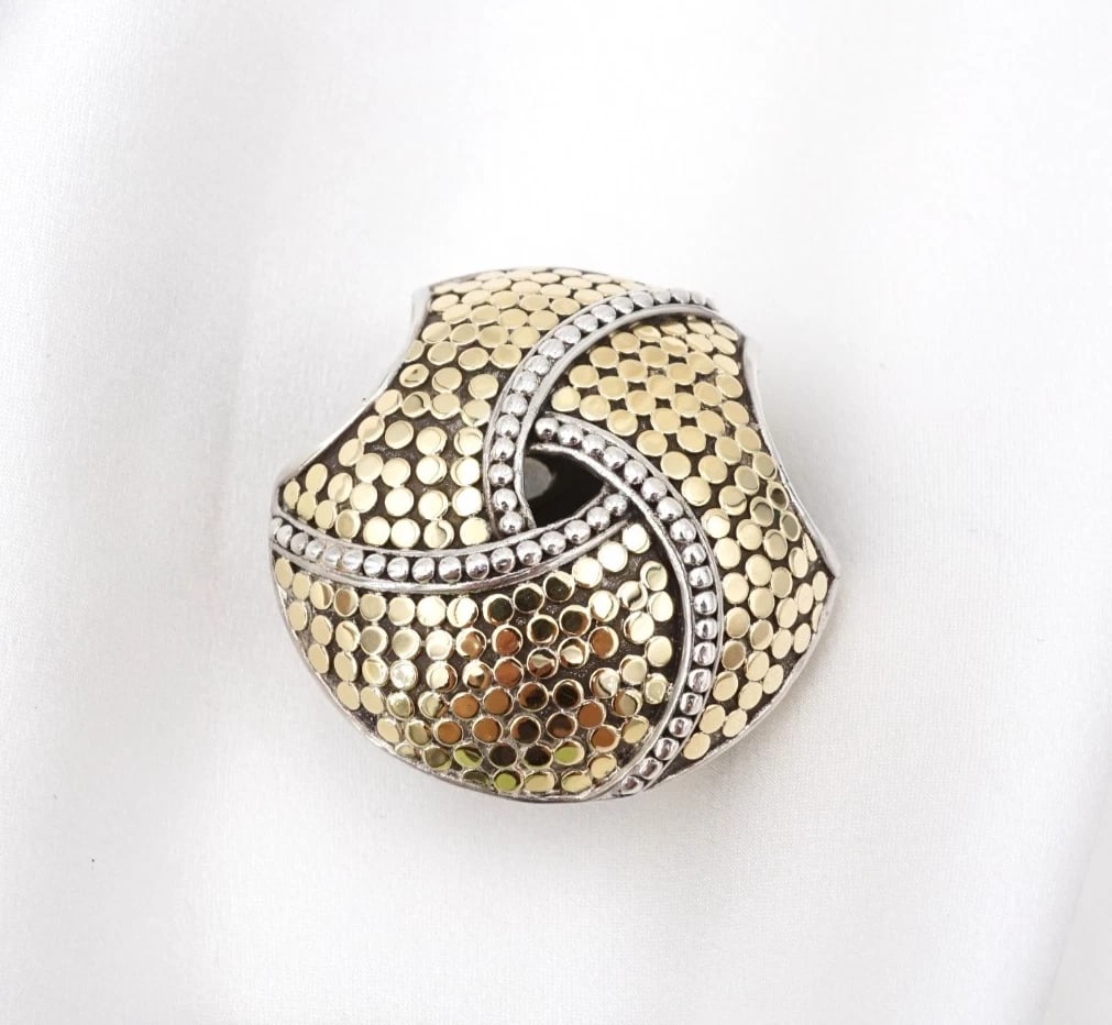 John Hardy Two Tone Dot Knot Slide Pendant Large Sterling 18k Gold 1.5" PS2428: This pendant from John Hardy features a large, openwork knot design crafted in solid sterling silver and decorated with 18k yellow gold dots. Metal Type: Sterling Silver and 18k Yellow Gold Notable Ma