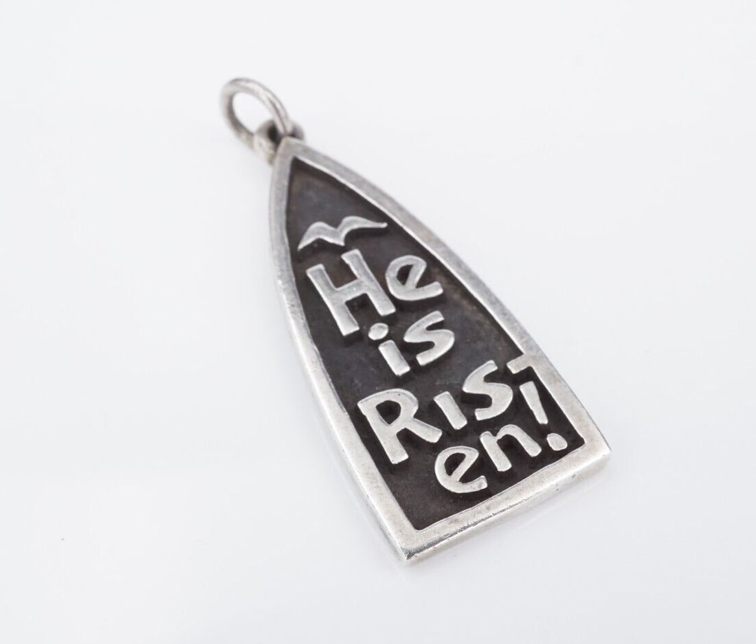 James Avery "He Is Risen" Charm Pendant Sterling Silver 1.6" Retired PS2144: This retired charm from James Avery features a triangle shaped pendant with the phrase "He Is Risen." on a shadowbox design. A meaningful show of faith to carry with you always. Metal Type: Sterling S