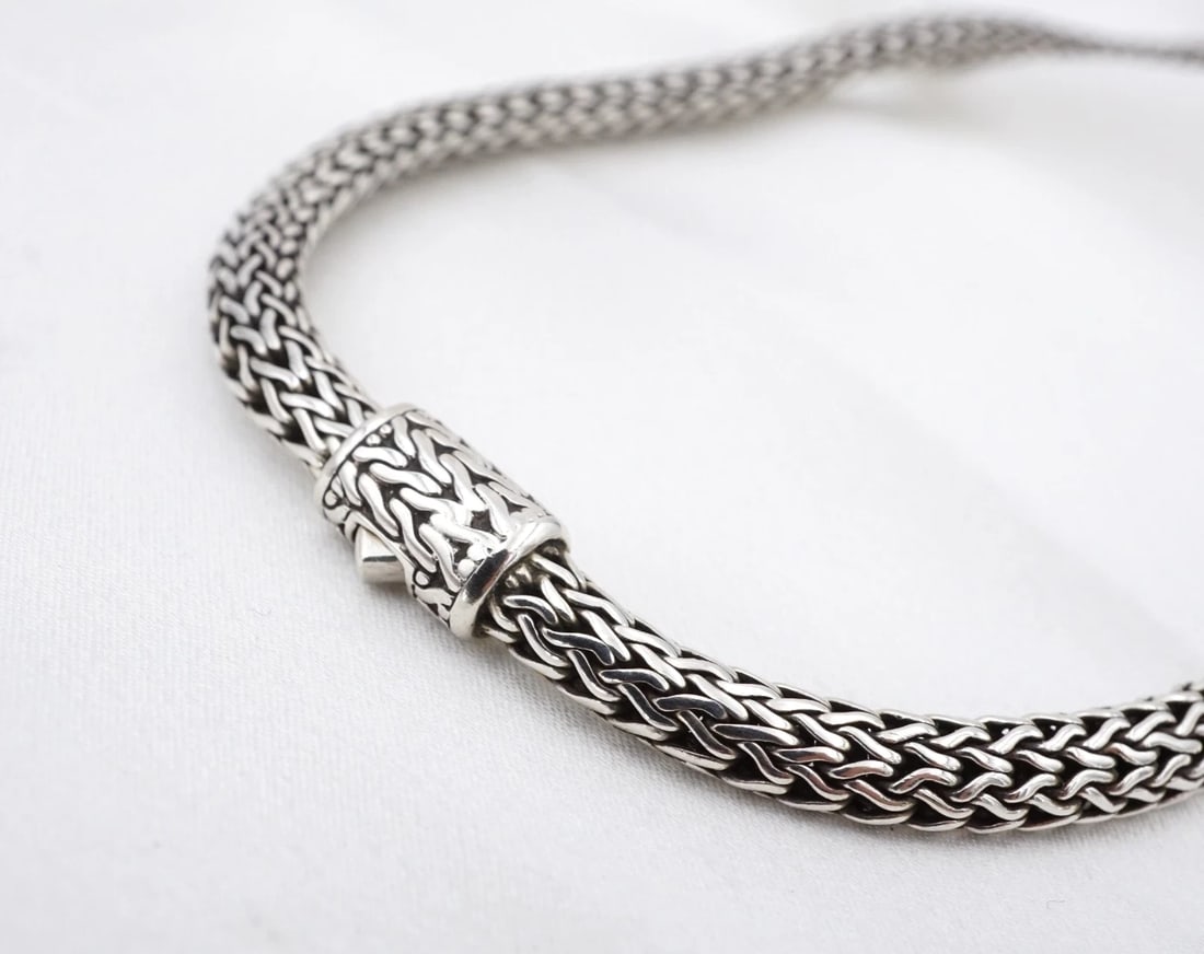 John Hardy Icon Classic Icon Chain Necklace Sterling Silver 16" 5mm NS2459: This classic John Hardy "Icon Necklace" features a chunky, woven chain design crafted in solid sterling silver with a sturdy push-lock clasp. Style No: NB990096. Metal Type: Sterling Silver Notable Ma