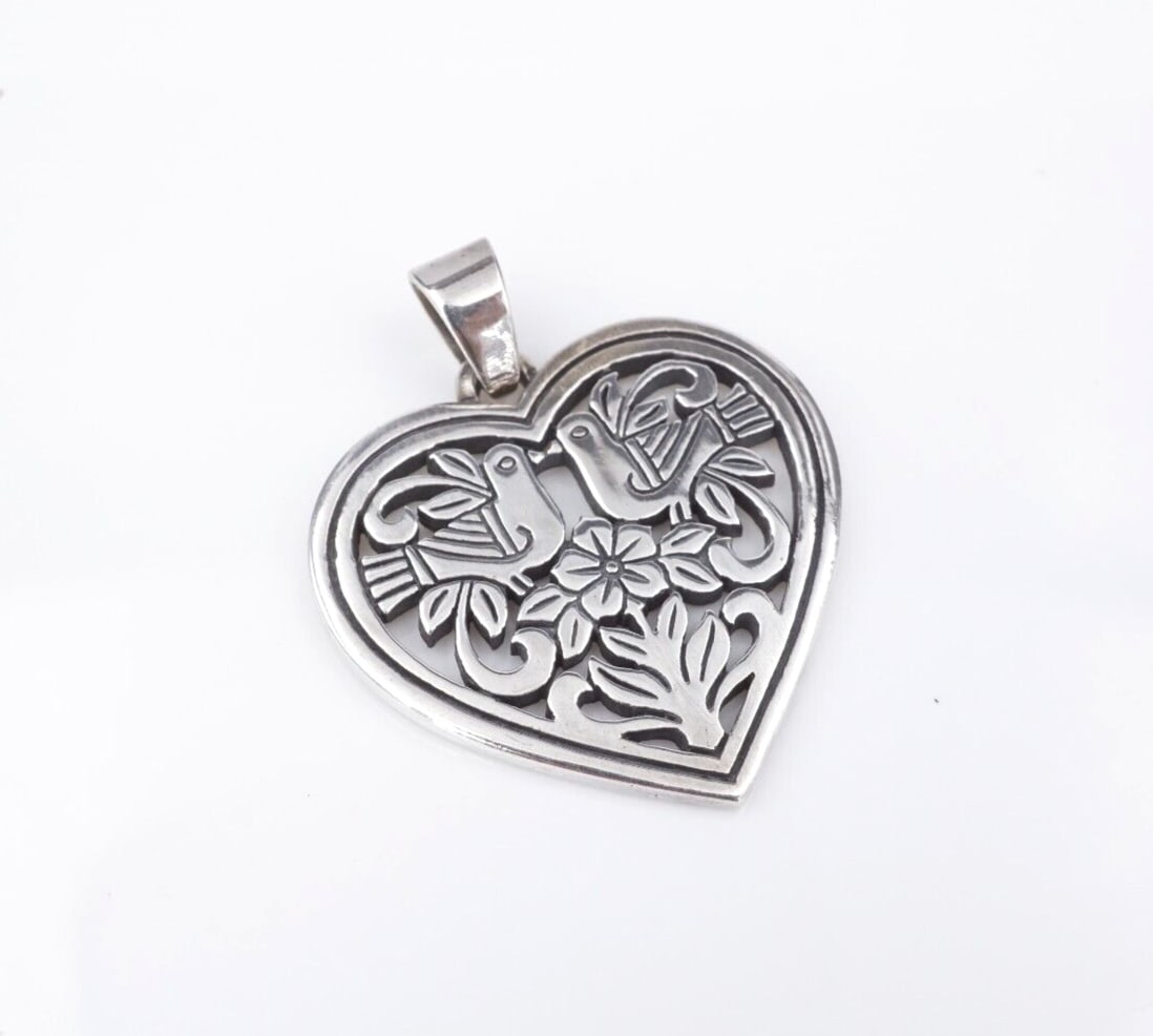 James Avery Heart Doves Flower Pendant Sterling Silver 1.3" Rare Retired PS2203 (1 of 4)