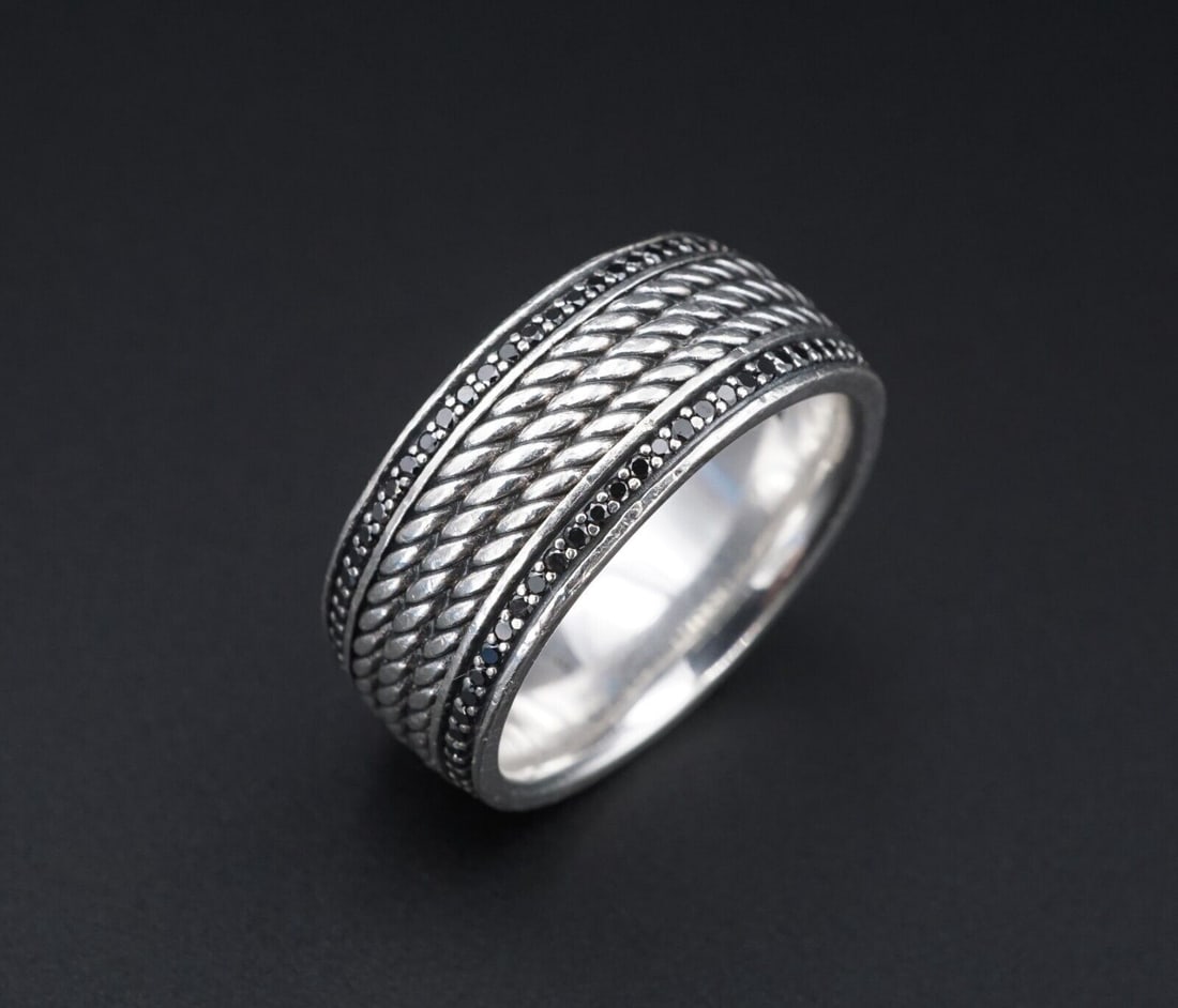 David Yurman Sterling Silver Black Diamond Maritime Band Ring 9.5mm w/Box RS3340: This chunky David Yurman ring features a solid sterling silver comfort fit construction with a handsome combination of woven rope center and black diamonds on both outer edges. Metal Type: Sterling Si