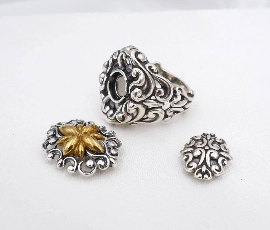 Carolyn Pollack Magnetic Interchangeable Ring Sterling Silver Sz 9 Relios RS4073: This ring from designer Carolyn Pollack features a chunky, openwork sterling silver mount embellished with ornate filigree scroll designs throughout. The head of the ring is magnetic, allowing you to 