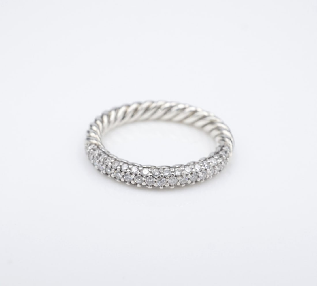 David Yurman Petite Pave Stack Diamond Band Sterling Silver Size 6 RS3787: This modern David Yurman "Petite Pave Stack Ring" features a bed of natural pave diamonds set atop a solid sterling silver band with an intricate cable texture. Metal Type: Sterling Silver Notable Mar