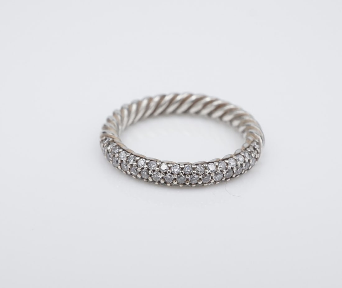 David Yurman Petite Pave Stack Champagne Diamond Band Sterling Silver RS3791: This modern David Yurman "Petite Pave Stack Ring" features a bed of natural pave champagne diamonds set atop a solid sterling silver band with an intricate cable texture. Metal Type: Sterling Silver N