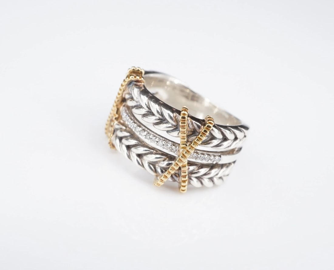 EFFY Diamond X Statement Ring Sterling Silver 18k Gold Size 7 Wide RS3925: This ring from Effy features a sterling silver double cable band motif with a band of natural round diamonds in the center. Metal Type: Sterling Silver & 18k Yellow Gold Notable Marks: Effy 18k 925 Me