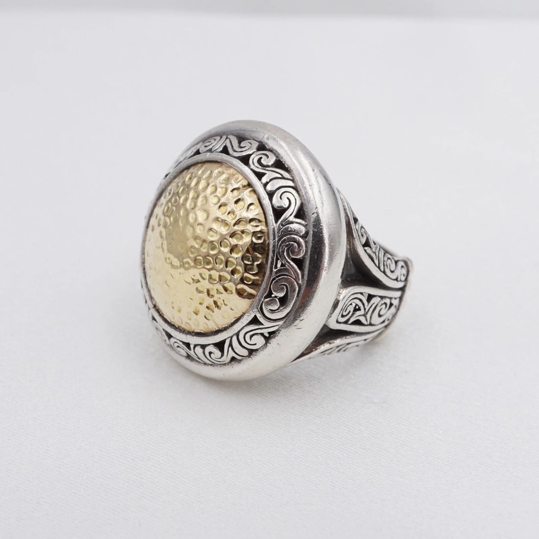 Eleganza 2-Tone Filigree Dome Ring Wide Sterling Silver 18k Gold Size 5 RS3961: This ring from designer Eleganza features a hammered 18k yellow gold dome framed within a chunky sterling silver mount with intricate filigree scroll designs throughout. Metal Type: Sterling Silver & 
