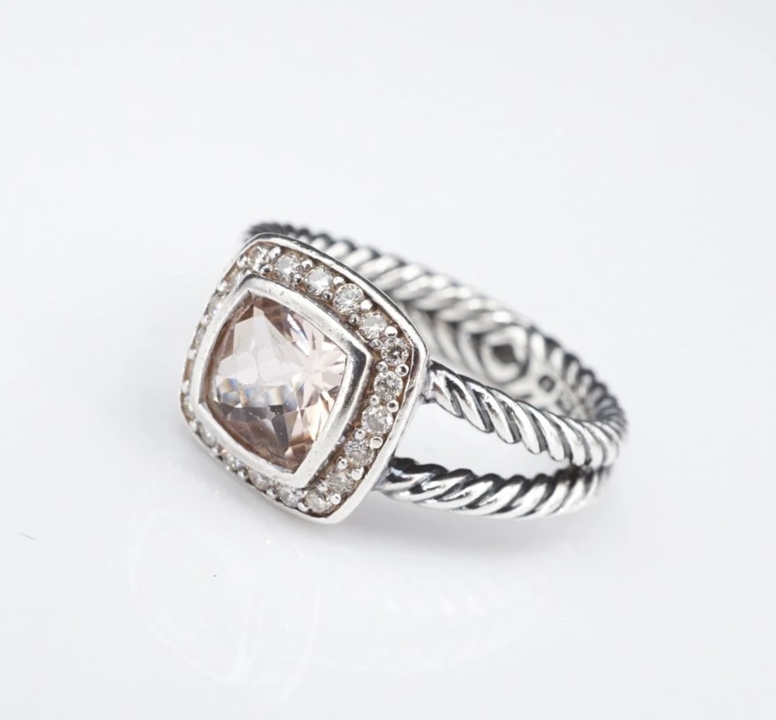 David Yurman Petite Albion Ring Morganite Diamond Sterling Silver Sz 6.25 RS3934: This retired David Yurman's iconic Albion Collection ring features a checkerboard cushion-cut morganite gemstone framed by bright white diamonds and set atop a solid sterling silver mount with a cable