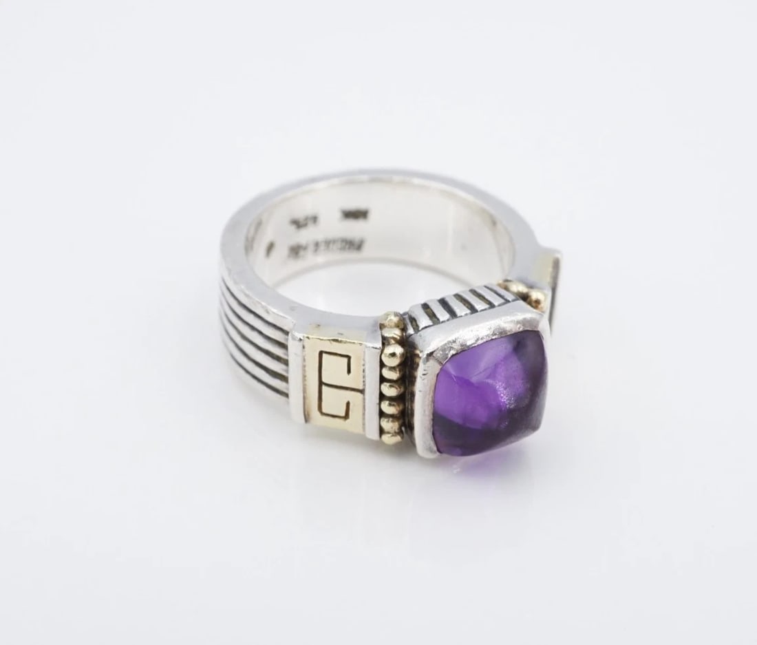 Esti Frederica Amethyst Cabochon Ring Sterling Silver 18k Gold Size 6.5 RS3964: This statement ring from designer Esti Frederica centers on a large, sugarloaf amethyst cabochon bezel-set atop a chunky sterling silver band with a fluted texture. The shoulders are embellished with 