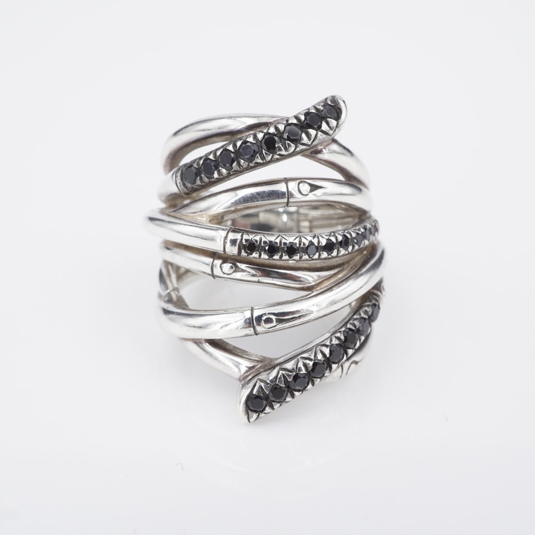 John Hardy Bamboo Wide Ring Black Sapphire Sterling Silver Size 7 RS3754: This ring from designer John Hardy features a wide multi-band sterling silver construction with multiple rows of intersecting bamboo branches adorned with rows of black sapphires. Metal Type: Sterling