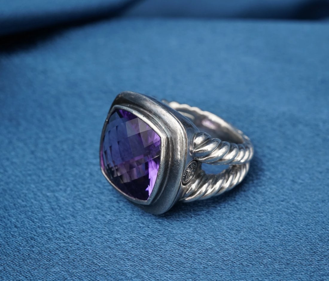 David Yurman Albion Ring Amethyst Sterling Silver 14mm Size 6.75 Retired RS4017: This modern David Yurman Albion Collection ring features a checkerboard amethyst bezel set in a solid sterling silver construction with a cable style split-shank. Described by Yurman as, "The Albion C