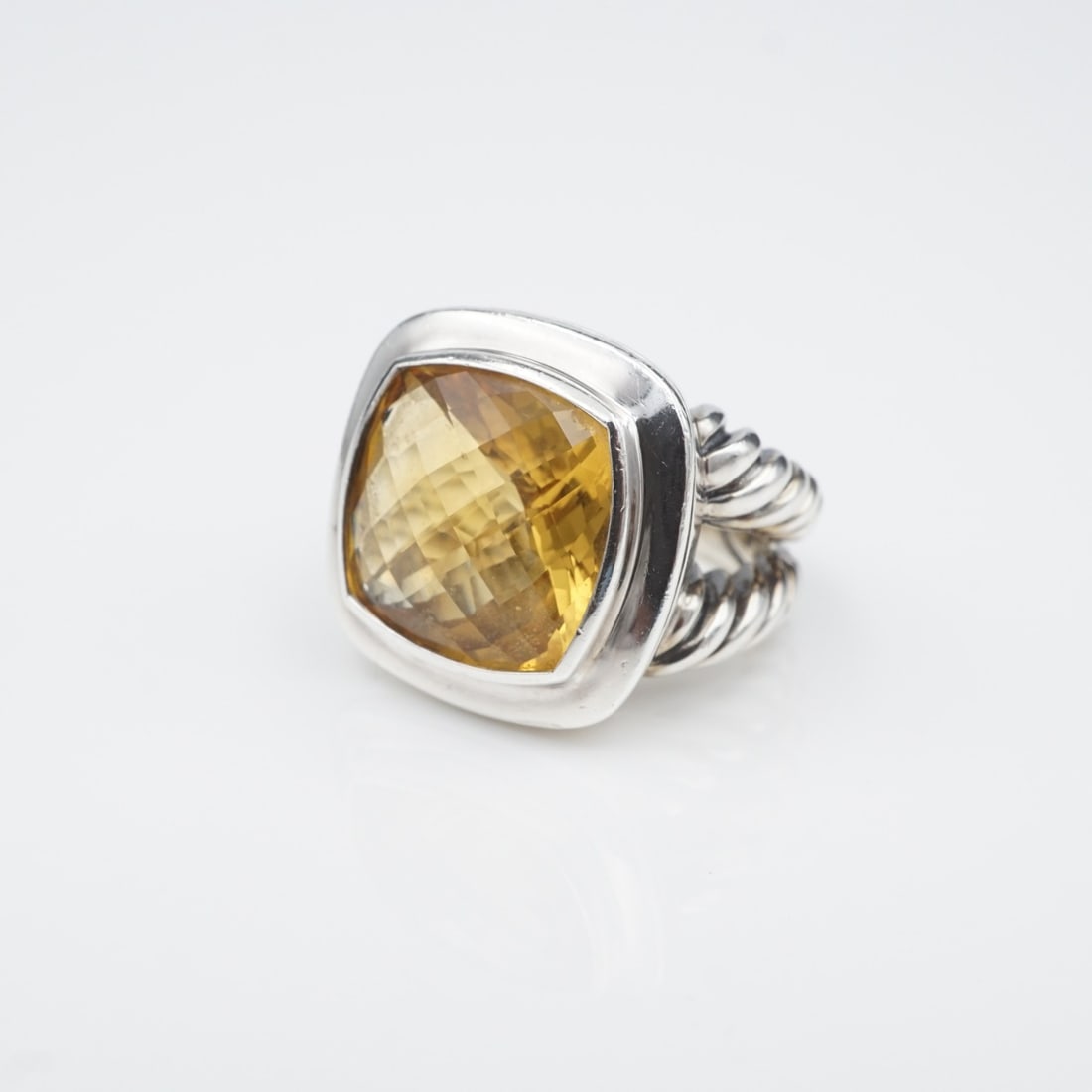 David Yurman Albion Ring Citrine Sterling Silver 14mm Size 5 RS3789: This modern David Yurman Albion Collection ring features a checkerboard citrine gemstone framed by polished sterling silver with a cable style split-shank. Described by Yurman as, "The Albion Collecti