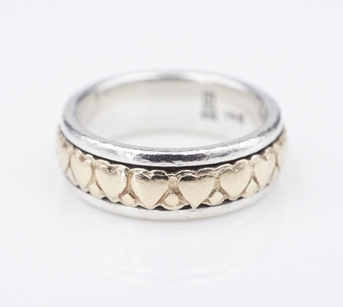 James Avery Heart to Heart Ring Sterling Silver 14k SZ 3.75 Rare Retired RS3697: This highly sought after James Avery band displays a continuous line of raised hearts in 14kt yellow gold designed in a crafted sterling silver band. Metal Type: Sterling Silver and 14k Notable Marks: