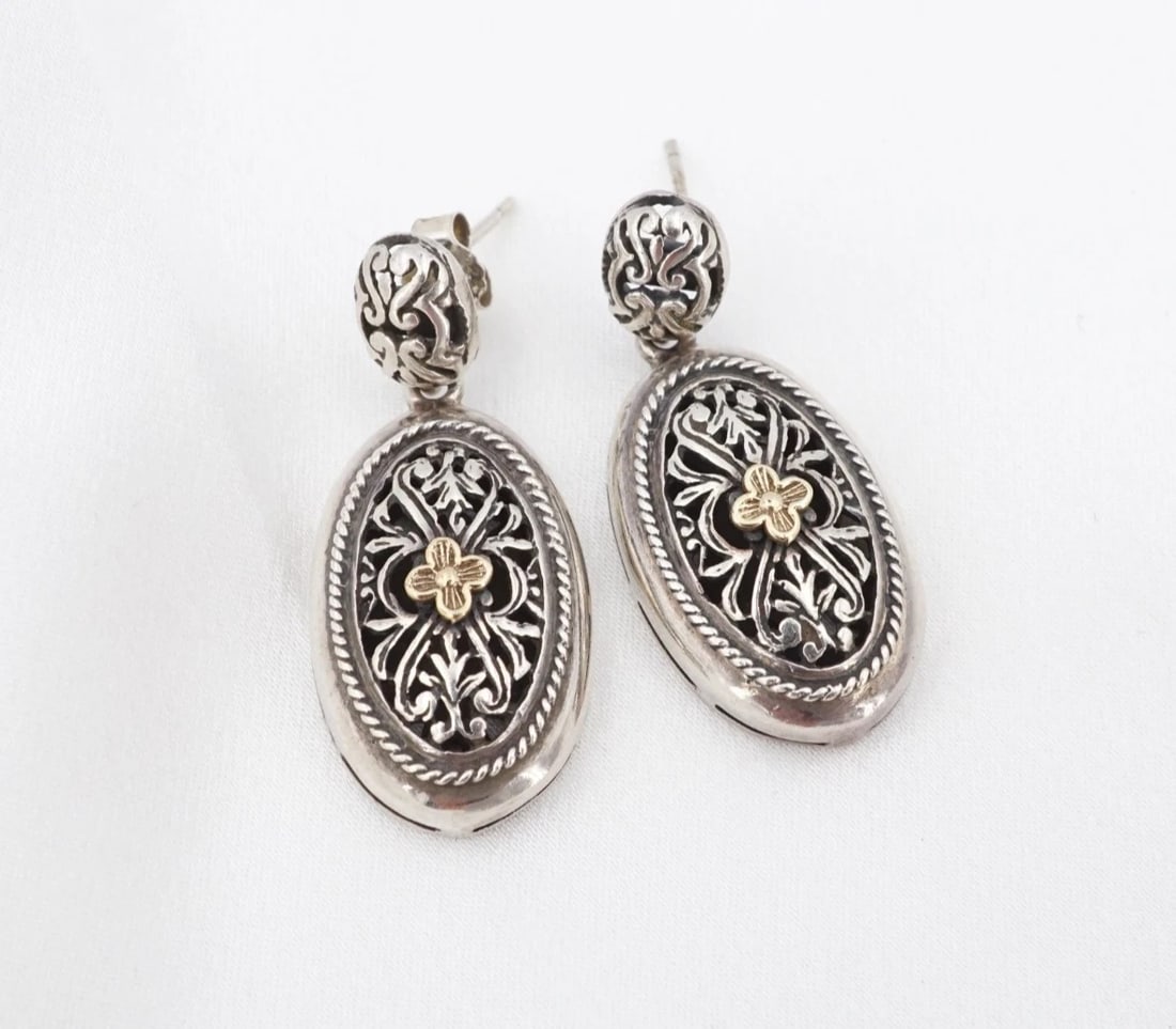 Scroll Drop Earrings 14k Gold Sterling Silver Byzantine-Style Floral 1.2" ES2810: These earrings feature a petite, 14k yellow gold flower motif set atop an openwork oval drop design with intricate filigree scroll patterns framed by a twisted rope border, all crafted in solid sterli