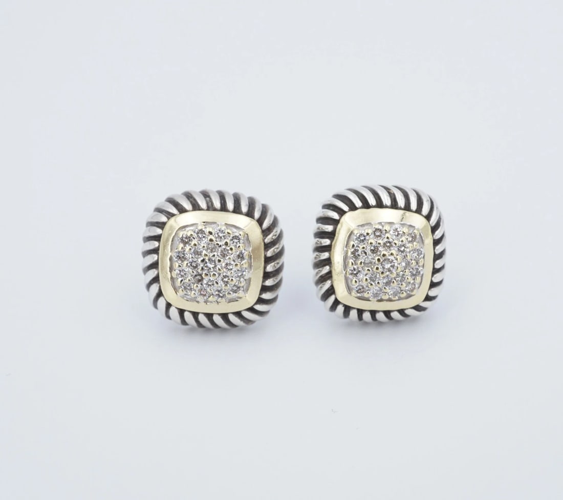 David Yurman Pave Diamond Earrings Albion Sterling Silver 18k Gold ES2762: These iconic earrings from designer David Yurman feature a center of pave set white diamonds surrounded by a halo of 18k gold and a cable design crafted in sterling silver. The Albion Collection was D
